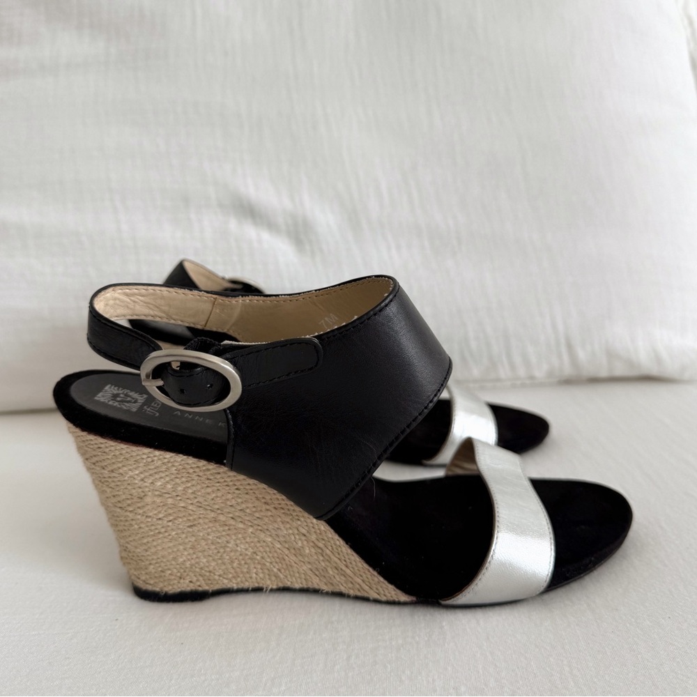 Anne Klein Teppy Slingback Black & Silver Leather Espadrille Wedge Sandals